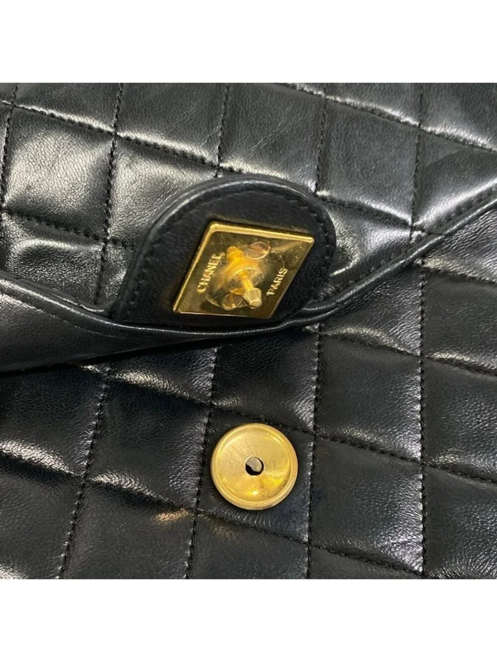 Chanel Shoulder Bag Single Flap Quilted Black Gold Chain Push Lock Lambskin